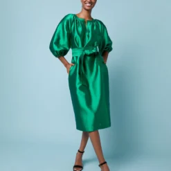 Trapunto Blouson Dress In Emerald Silk/Wool -Chicorya Sales M 23 NOV EDITORIAL PDP 1