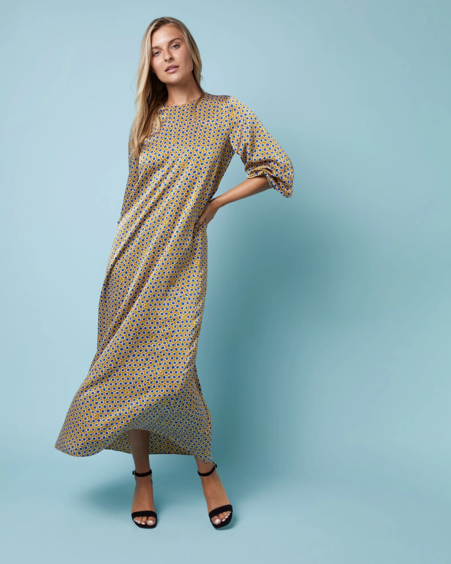 Long-Sleeved Paige Maxi Dress In Gold/Sapphire Sunflower Charmeuse 10 Long-Sleeved Paige Maxi Dress In Gold/Sapphire Sunflower Charmeuse - Image 8
