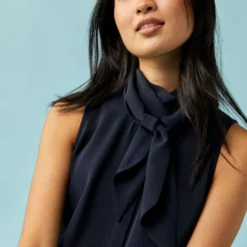 Sleeveless Tie-Neck Blouse In Navy Silk Crepe De Chine -Chicorya Sales M 23 NOV EDITORIAL PDP 4