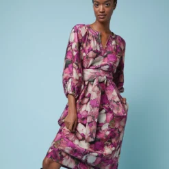 Trapunto Blouson-Sleeve Dress In Berry/Multi Winter Garden Venetian -Chicorya Sales M F23 CATALOG DROP 2 PDP 12