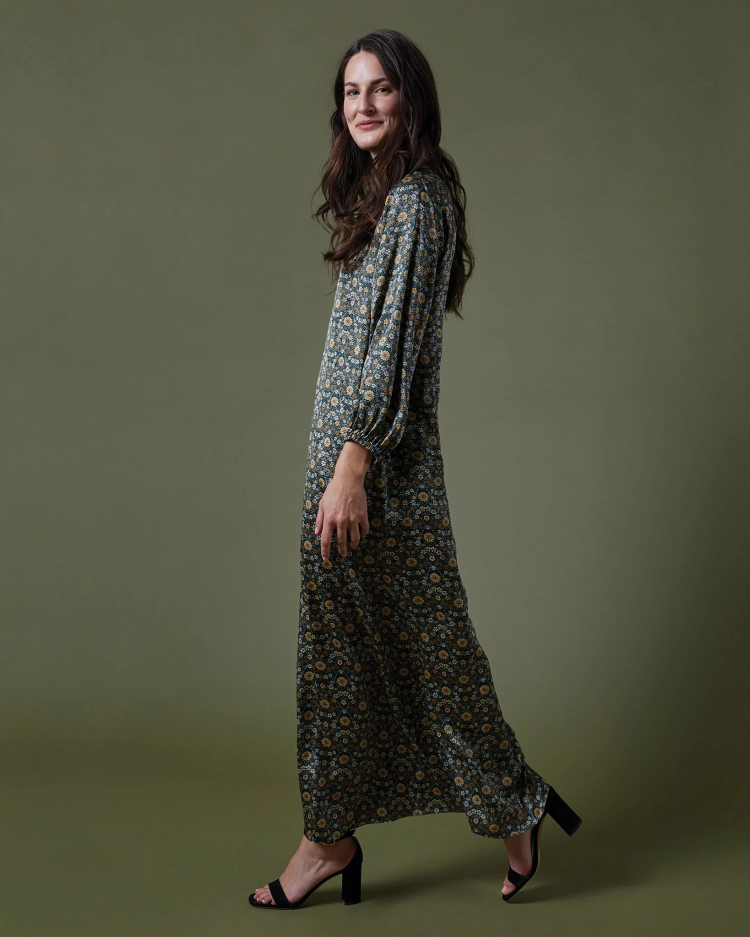 Long-Sleeved Paige Maxi Dress In Hunter/Gold Moon Flower Liberty Fabric Silk 9 Long-Sleeved Paige Maxi Dress In Hunter/Gold Moon Flower Liberty Fabric Silk - Image 7