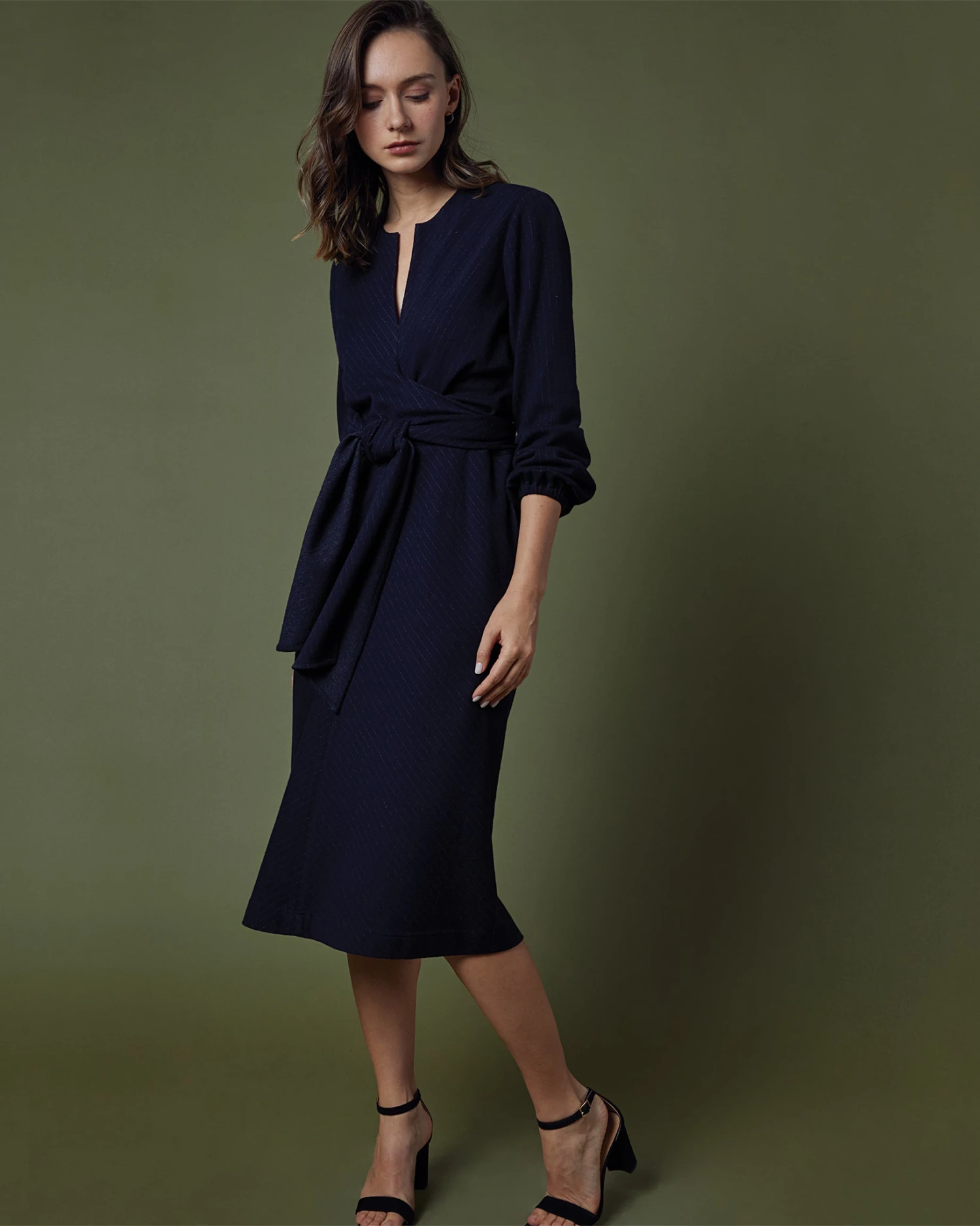 Alejandra Tie Dress In Navy Pinstripe Knit 9 Alejandra Tie Dress In Navy Pinstripe Knit - Image 7