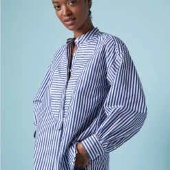 Indira Bib-Front Tunic In Navy Awning Stripe Poplin -Chicorya Sales M F23 CATALOG S71362 47 D1 PDP