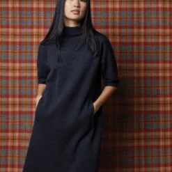 Rowan Short-Sleeved Funnel-Neck Dress In Heather Coal Merino Wool -Chicorya Sales M F23 CATALOG S71437 30 D1 PDP
