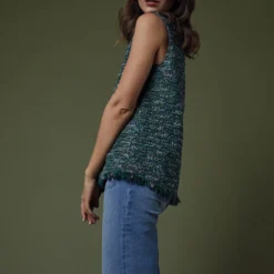 Sleeveless Ana Fringe Top In Green/Pink Tweed -Chicorya Sales M HOLIDAY 23 CATALOG PDP 49 D2