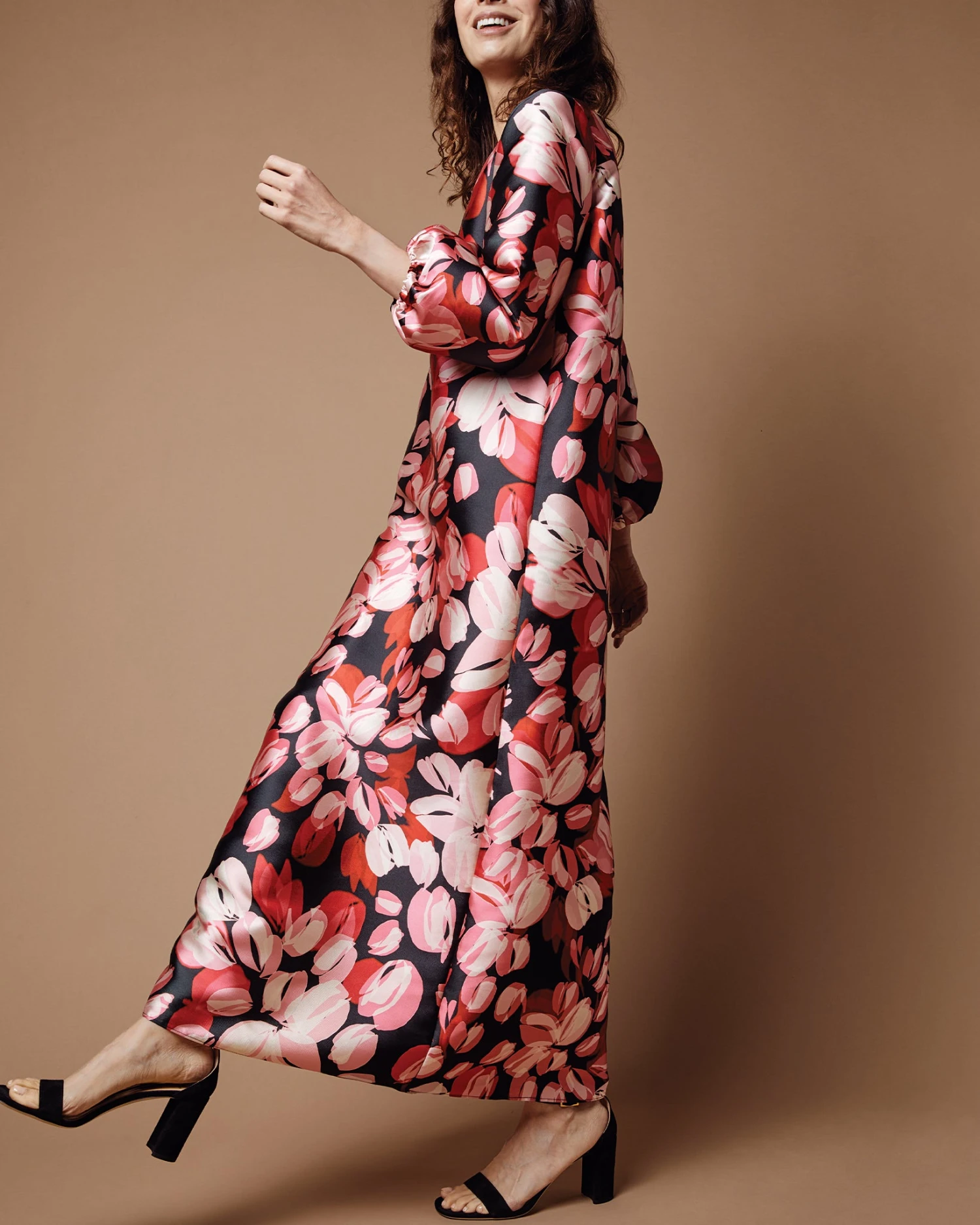 Long-Sleeved Paige Maxi Dress In Pink/Black Painterly Floral Mikado 10 Long-Sleeved Paige Maxi Dress In Pink/Black Painterly Floral Mikado - Image 8
