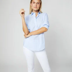 Tomboy Popover Shirt In Sky Blue Gingham Poplin -Chicorya Sales S12855 636