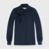 Tie-Neck Blouse In Navy Silk Crepe De Chine -Chicorya Sales S17147 1