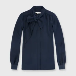 Tie-Neck Blouse In Navy Silk Crepe De Chine