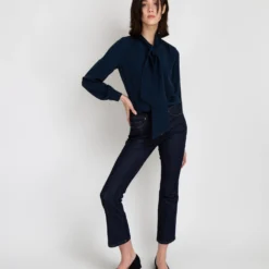 Tie-Neck Blouse In Navy Silk Crepe De Chine -Chicorya Sales S17147 6