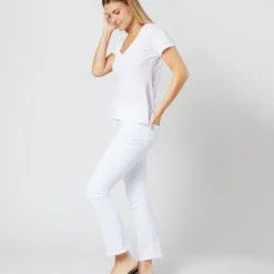 Short-Sleeved Deep-V Tee In White Pima Cotton -Chicorya Sales S31940 014