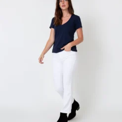 Short-Sleeved Deep-V Tee In Navy Pima Cotton -Chicorya Sales S31941 3