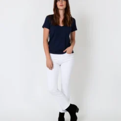 Short-Sleeved Deep-V Tee In Navy Pima Cotton -Chicorya Sales S31941 6