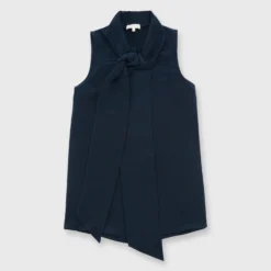 Sleeveless Tie-Neck Blouse In Navy Silk Crepe De Chine