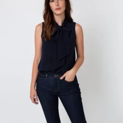 Sleeveless Tie-Neck Blouse In Navy Silk Crepe De Chine -Chicorya Sales S40774 5