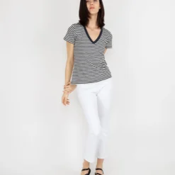 Short-Sleeved Deep-V Tee In Navy/Natural Stripe Jersey 15 Short-Sleeved Deep-V Tee In Navy/Natural Stripe Jersey -Chicorya Sales S54854 6