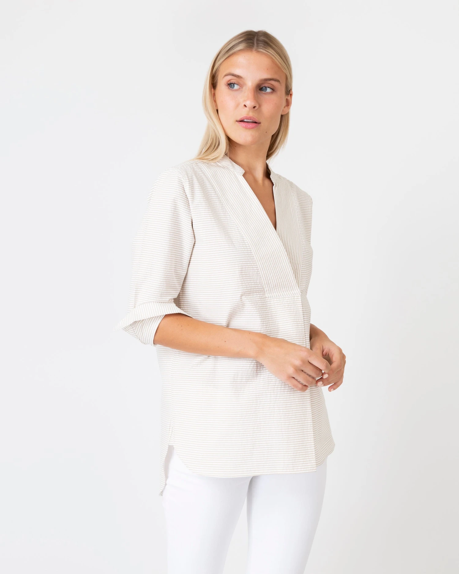 Nyala Shirt In Taupe Horizontal Stripe Seersucker 4 Nyala Shirt In Taupe Horizontal Stripe Seersucker - Image 2