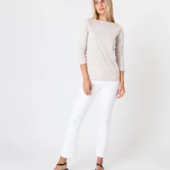 Long-Sleeved Boatneck Tee In Taupe/Ivory Stripe Compact Jersey -Chicorya Sales S60599 2