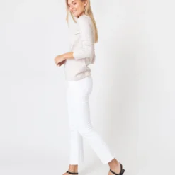 Long-Sleeved Boatneck Tee In Taupe/Ivory Stripe Compact Jersey -Chicorya Sales S60599 3