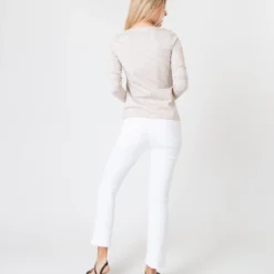 Long-Sleeved Boatneck Tee In Taupe/Ivory Stripe Compact Jersey -Chicorya Sales S60599 4