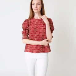 Renata Top In Red/Natural Rustic Jacquard -Chicorya Sales S61188 3