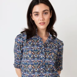 Elbow-Sleeve Frill Shirt In Blue/Gold Strawberry Thief Liberty Fabric -Chicorya Sales S61193 3