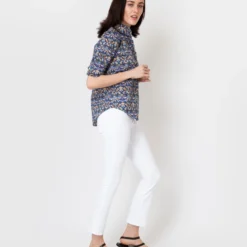 Elbow-Sleeve Frill Shirt In Blue/Gold Strawberry Thief Liberty Fabric -Chicorya Sales S61193 5