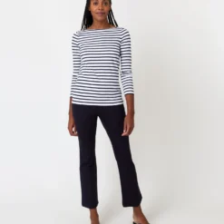 Long-Sleeved Boatneck Tee In White/Navy Stripe Compact Jersey -Chicorya Sales S64673 2