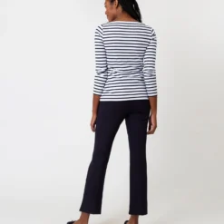Long-Sleeved Boatneck Tee In White/Navy Stripe Compact Jersey -Chicorya Sales S64673 4