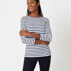 Long-Sleeved Boatneck Tee In White/Navy Stripe Compact Jersey -Chicorya Sales S64673 6