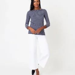 Long-Sleeved Boatneck Tee In Navy/White Stripe Jersey -Chicorya Sales S65165 2