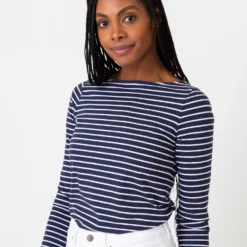 Long-Sleeved Boatneck Tee In Navy/White Stripe Jersey -Chicorya Sales S65165 7