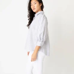 Geraldine Popover Shirt In Grey Stripe Poplin -Chicorya Sales S66606 6