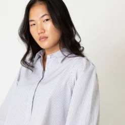 Geraldine Popover Shirt In Grey Stripe Poplin -Chicorya Sales S66606 7