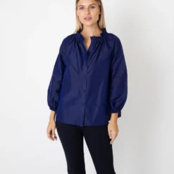 Button-Front Kamille Blouse In Navy Silk Shantung -Chicorya Sales S67264 6