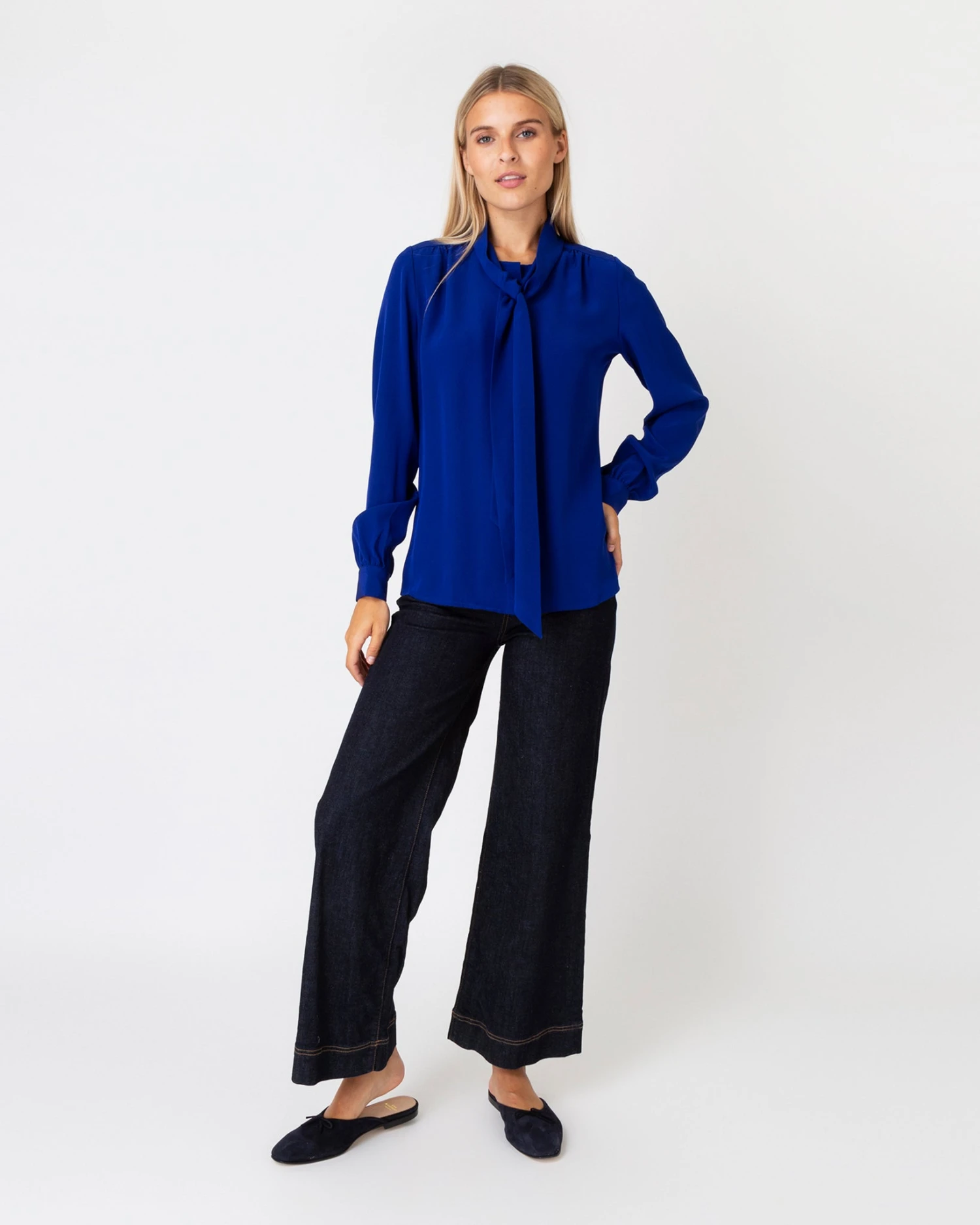 Tie-Neck Blouse In Sapphire Silk Crepe De Chine 7 Tie-Neck Blouse In Sapphire Silk Crepe De Chine - Image 5