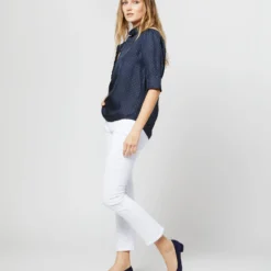 Elbow-Sleeve Frill Blouse In Navy/White Polka Dot Silk Twill -Chicorya Sales S70501 2921