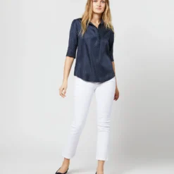 Elbow-Sleeve Frill Blouse In Navy/White Polka Dot Silk Twill -Chicorya Sales S70501 2933