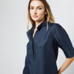Elbow-Sleeve Frill Blouse In Navy/White Polka Dot Silk Twill -Chicorya Sales S70501 2973