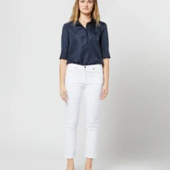 Elbow-Sleeve Frill Blouse In Navy/White Polka Dot Silk Twill -Chicorya Sales S70501 2990