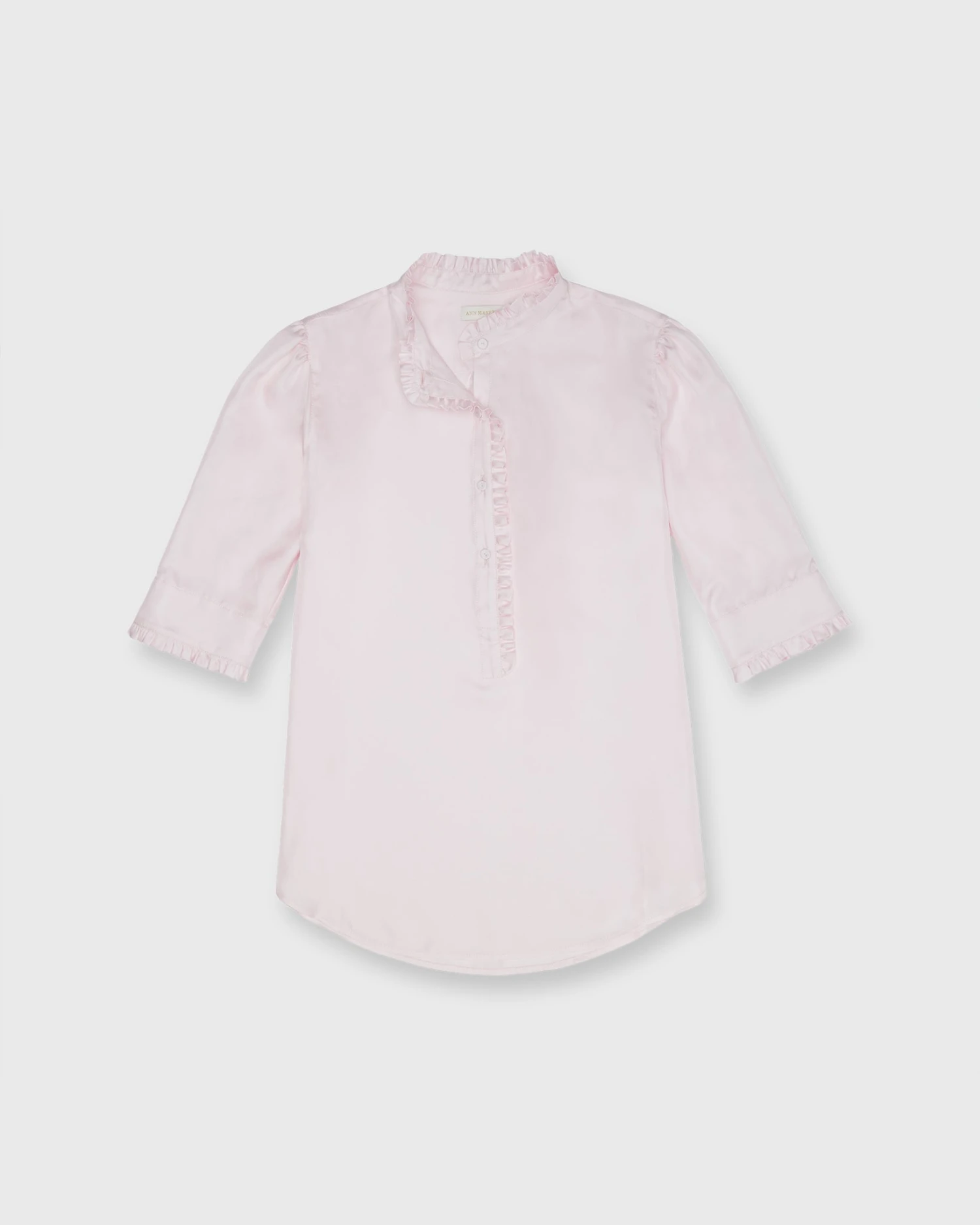 Elbow-Sleeve Frill Blouse In Pale Pink Silk Twill 3 Elbow-Sleeve Frill Blouse In Pale Pink Silk Twill