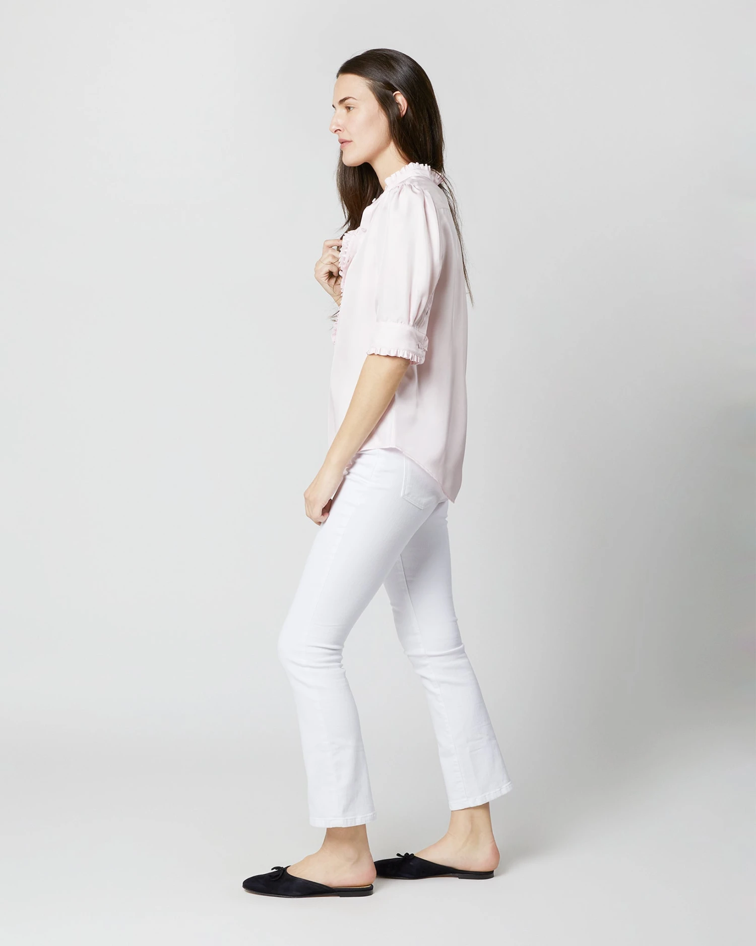 Elbow-Sleeve Frill Blouse In Pale Pink Silk Twill 5 Elbow-Sleeve Frill Blouse In Pale Pink Silk Twill - Image 3