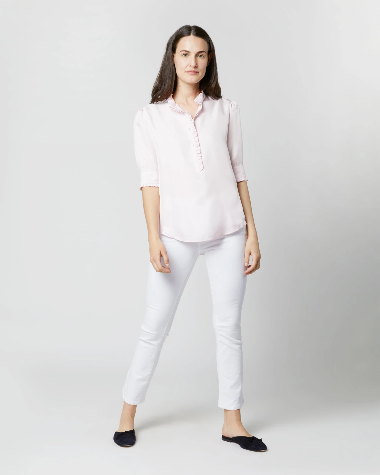 Elbow-Sleeve Frill Blouse In Pale Pink Silk Twill 4 Elbow-Sleeve Frill Blouse In Pale Pink Silk Twill - Image 2