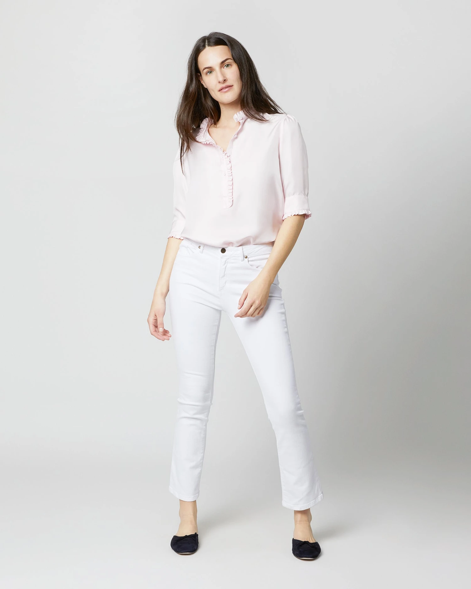 Elbow-Sleeve Frill Blouse In Pale Pink Silk Twill 6 Elbow-Sleeve Frill Blouse In Pale Pink Silk Twill - Image 4