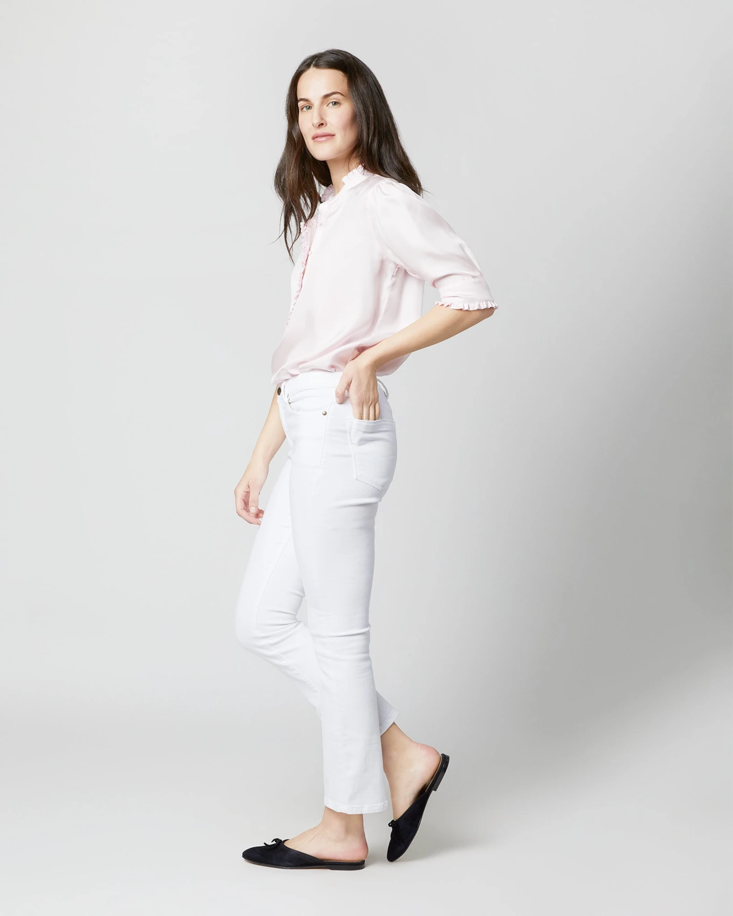 Elbow-Sleeve Frill Blouse In Pale Pink Silk Twill 7 Elbow-Sleeve Frill Blouse In Pale Pink Silk Twill - Image 5