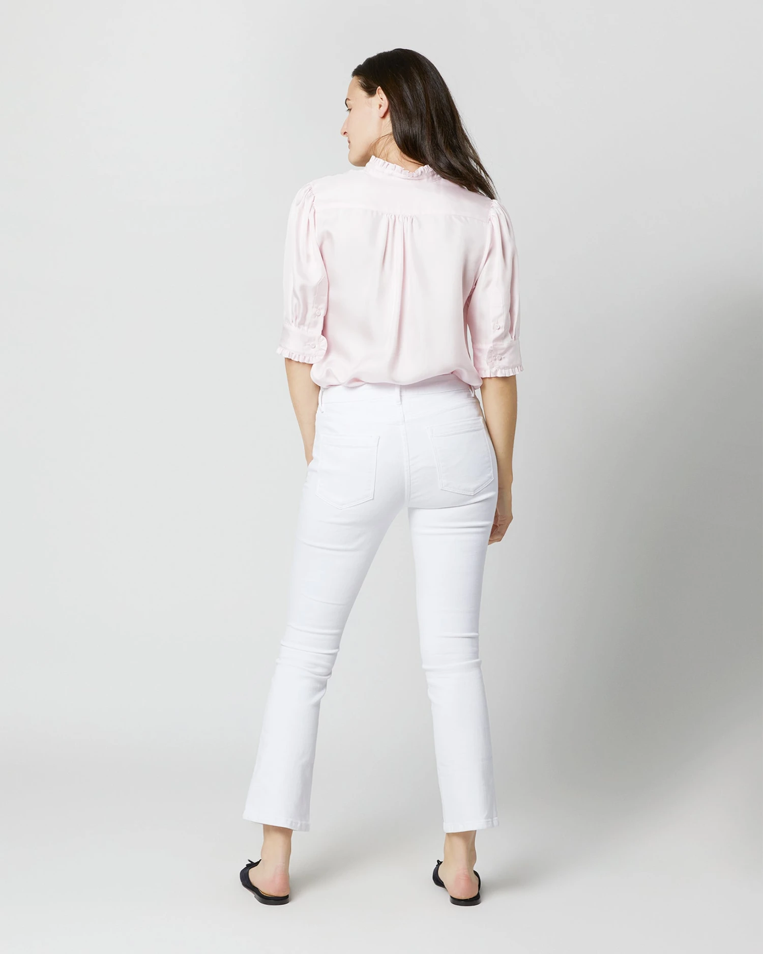 Elbow-Sleeve Frill Blouse In Pale Pink Silk Twill 8 Elbow-Sleeve Frill Blouse In Pale Pink Silk Twill - Image 6