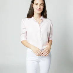 Elbow-Sleeve Frill Blouse In Pale Pink Silk Twill 16 Elbow-Sleeve Frill Blouse In Pale Pink Silk Twill -Chicorya Sales S70502 1829