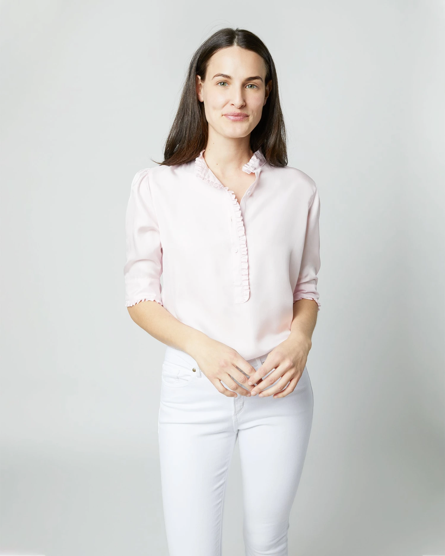 Elbow-Sleeve Frill Blouse In Pale Pink Silk Twill 9 Elbow-Sleeve Frill Blouse In Pale Pink Silk Twill - Image 7