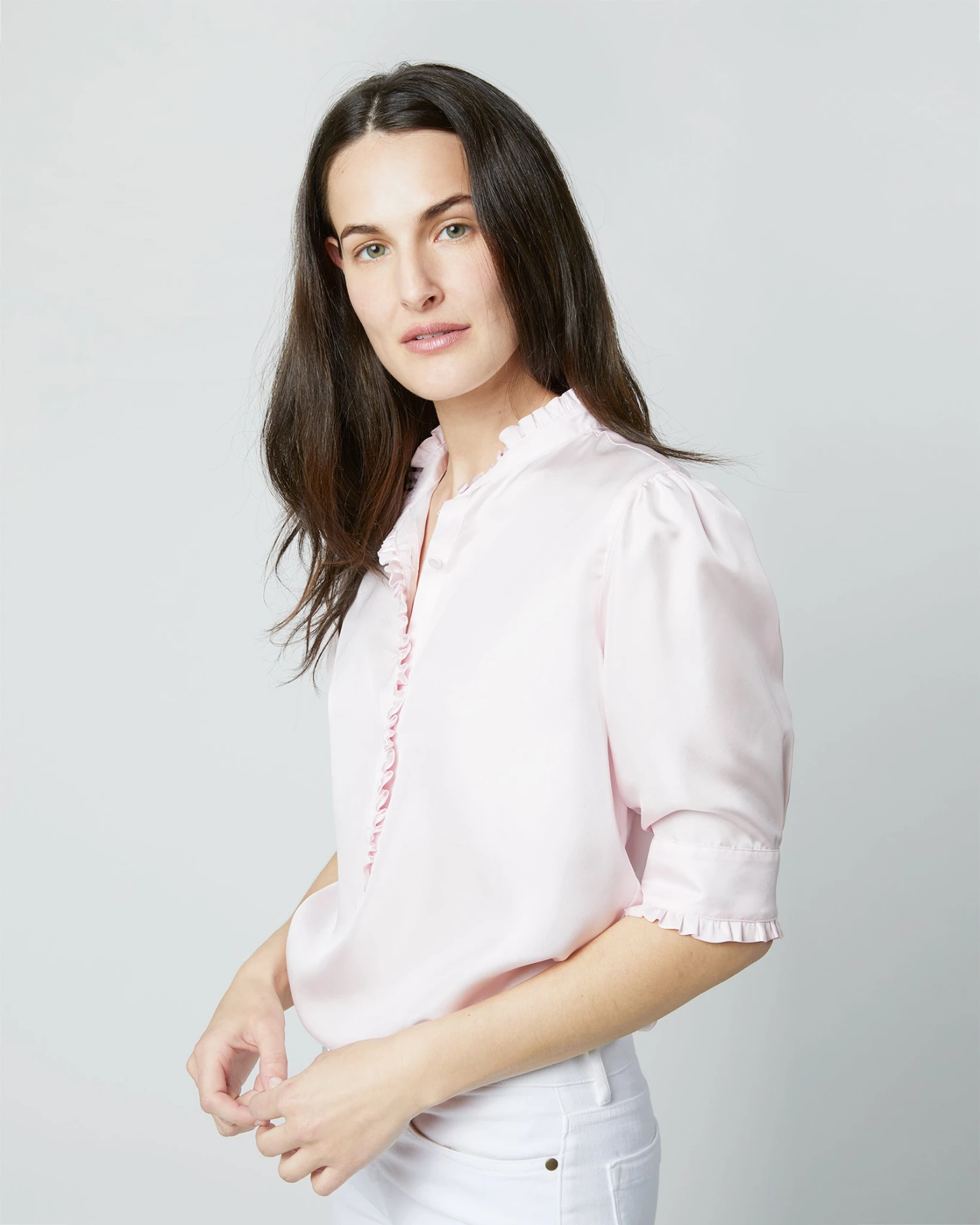 Elbow-Sleeve Frill Blouse In Pale Pink Silk Twill 10 Elbow-Sleeve Frill Blouse In Pale Pink Silk Twill - Image 8