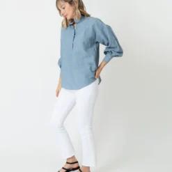 Anaya Popover Shirt In Extra Light Washed Cotolino Chambray -Chicorya Sales S70927 2